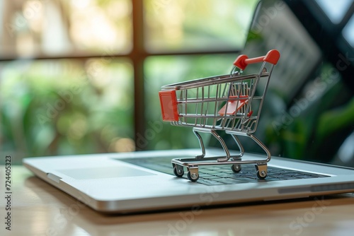 Online shopping concept with miniature shopping cart standing in front of laptop