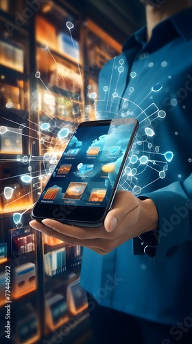 Businessman using mobile phone with social network interface on screen. 3D rendering