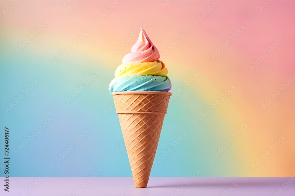 rainbow ice cream cone on pastel background. - obrazy, fototapety, plakaty 