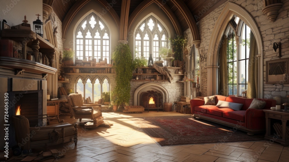 Interior of a cozy room in Romanesque style