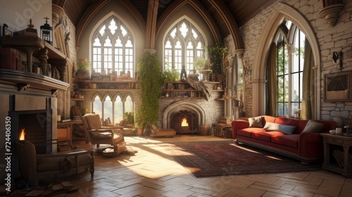 Interior of a cozy room in Romanesque style