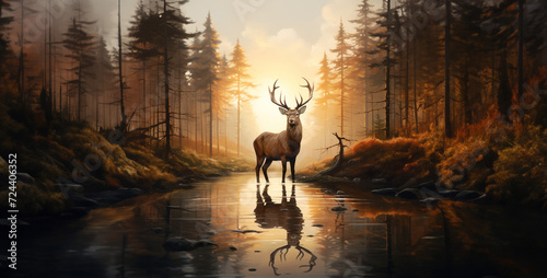deer in the sunset, big deer with antlers standing near water photo