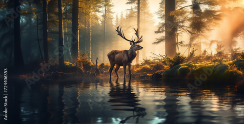 deer in the sunset, deer in the sunset, big deer with antlers standing near water © Yasir