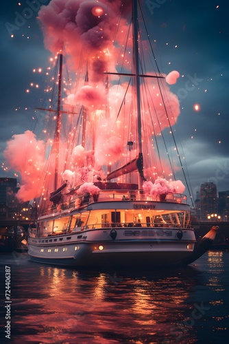Sailing boat with firework in the city at night. 3d rendering