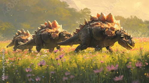 A trio of Ankylosaurs meander through a field of wildflowers their armored bodies glinting in the golden light. © Justlight