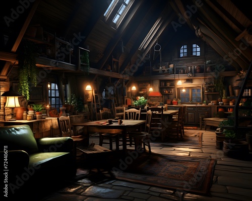 Interior of a cozy restaurant at night. 3D rendering.