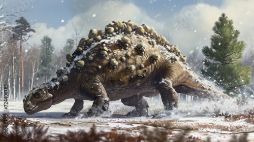 An Ankylosaurus shaking off a light dusting of snow from its armored back. photo