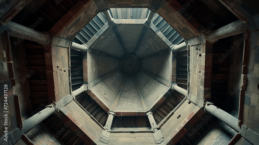 Fototapeta premium Looking up inside a geometric wooden tower.