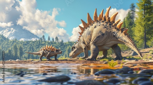 A young stegosaurus cautiously dips its toes in the water while its mother looks on and encourages it to play.