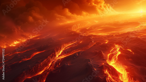 Volcanic lava flows in a fiery, dynamic landscape.
