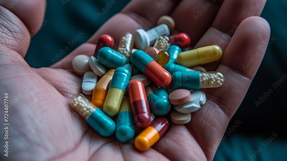 various pills, medication in the palm of the hand, prescription drug, various pills, medication in the palm of the hand, prescription drug,