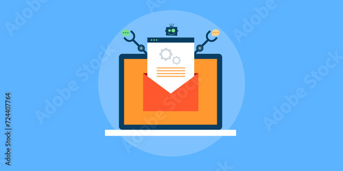 Robot managing email messages, marketing automation email software artificial intelligence technology business vector illustration.