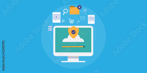 Online storage security, cloud computing business technology vector illustration.