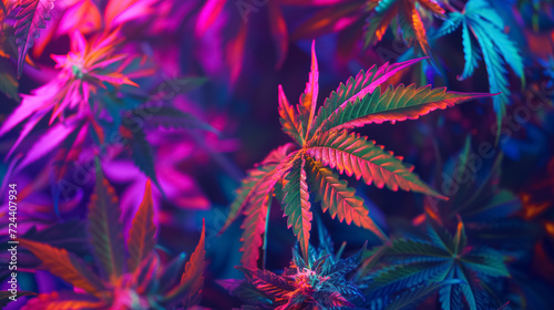 Vibrant cannabis leaves in neon light hues.