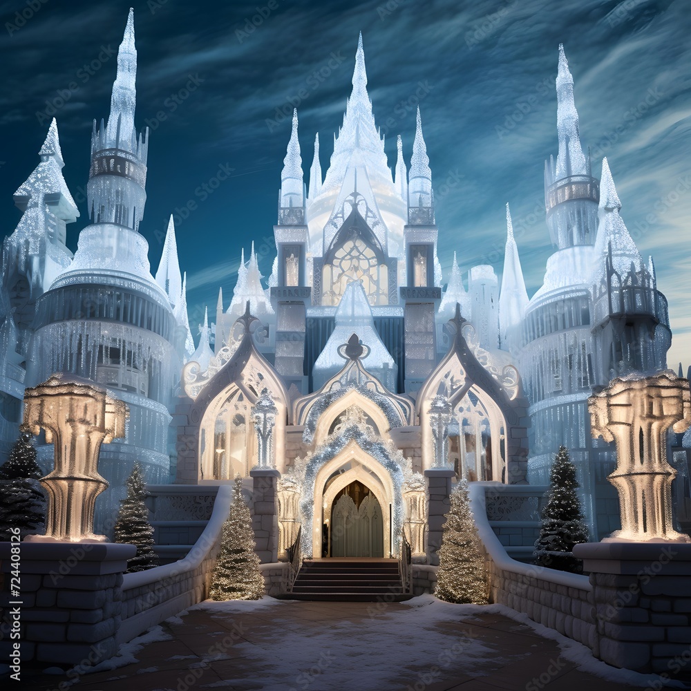 Magic kingdom of fairytale castle in winter forest. Fairy tale castle. Magical fantasy castle. 3D rendering