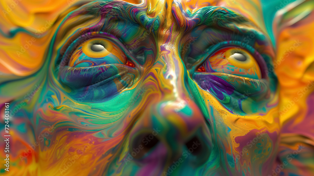 Psychedelic face melting with colorful paint swirls.
