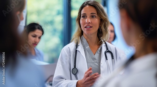female doctor giving a talk to her fellow colleagues, woman, hospital, discussion