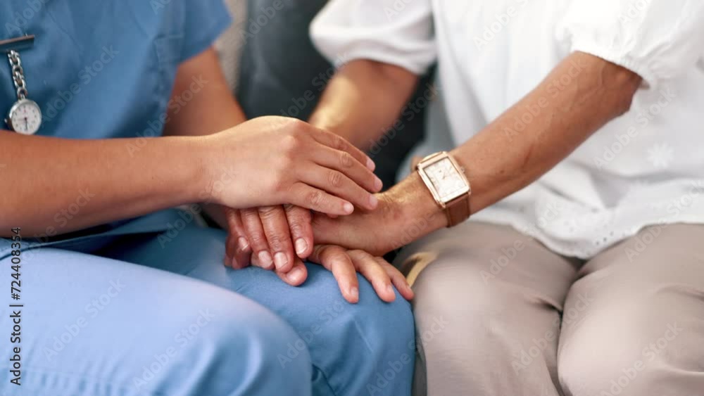 Trust, support or closeup of nurse holding hands with patient for ...