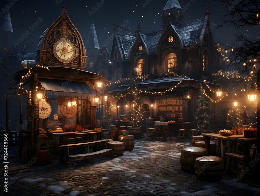3D rendering of a winter night in a small town with a snowfall