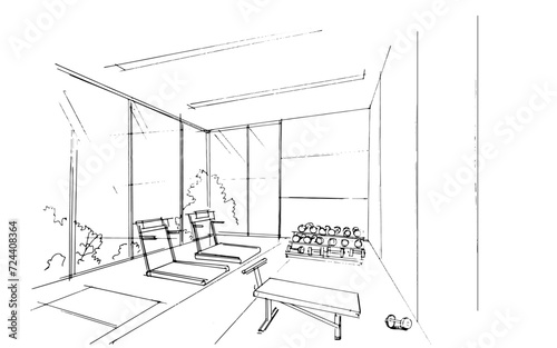 Exercise interior design line sketch. , Graphic assembly in architecture and interior design work. ,Sketch ideas for interior or exterior designs.