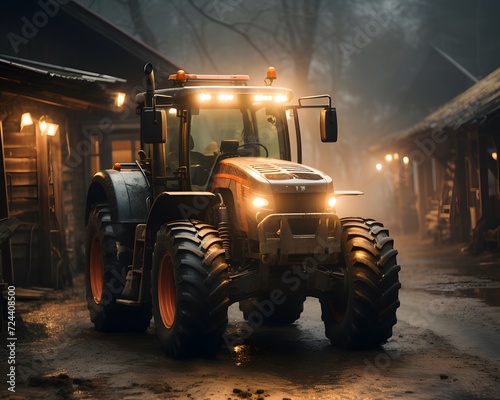 Tractor in the village at night with fog. 3D rendering