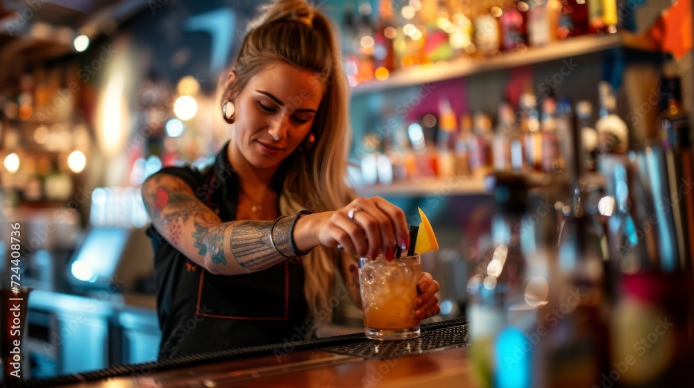 Obraz premium woman bartender at the bar in the restaurant fixing a drink, mixing cocktail, pub, female