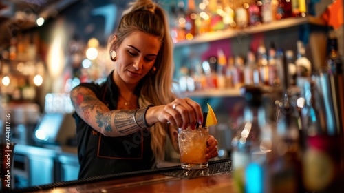 woman bartender at the bar in the restaurant fixing a drink, mixing cocktail, pub, female