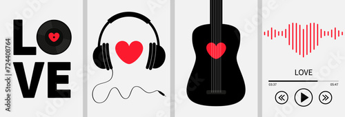 Happy Valentines Day greeting card, poster, banner set. LOVE. Black vinyl record disk. Heart sign symbol. Guitar, headphones, sound wave music player. Flat design. White background. Isolated.