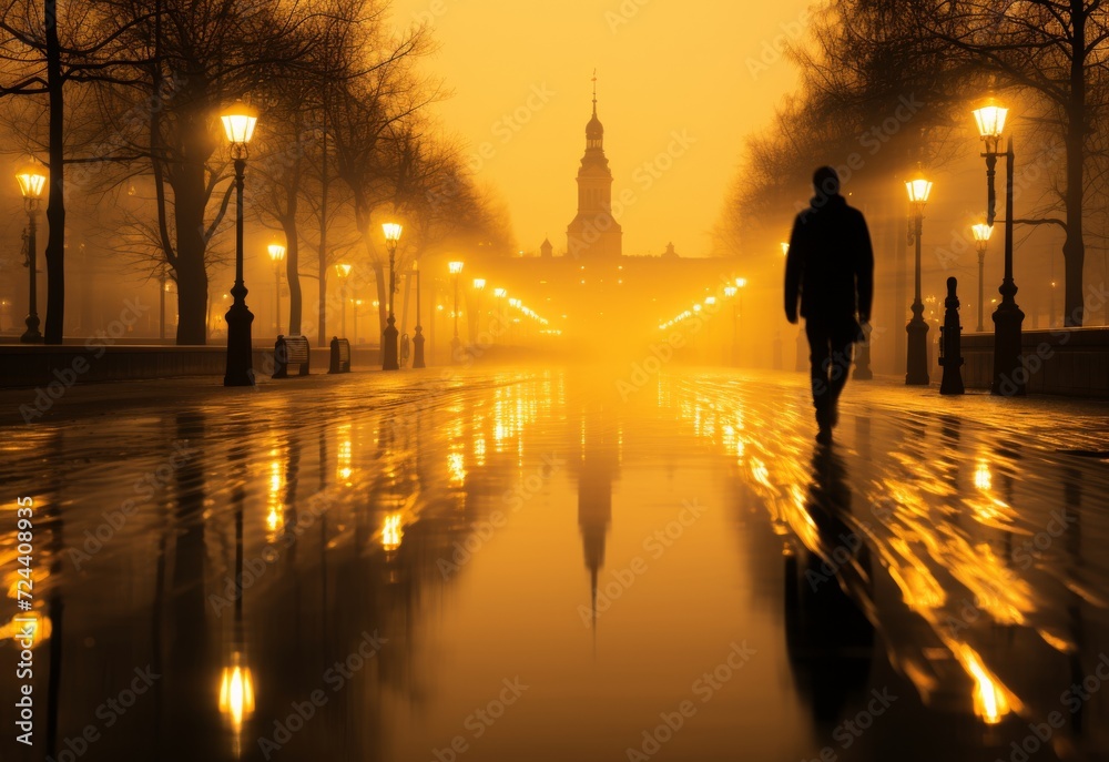 Man Walking Down Street at Night