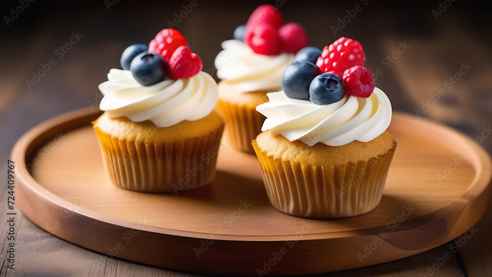 Three berry cupcakes on a wooden plate. Beautiful classic muffins with whipped cream. Birthday concept, treats, sweets