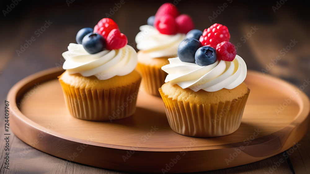 Three berry cupcakes on a wooden plate. Beautiful classic muffins with whipped cream. Birthday concept, treats, sweets Three berry cupcakes on a wooden plate. Beautiful classic muffins with whipped cream. Birthday concept, treats, sweets