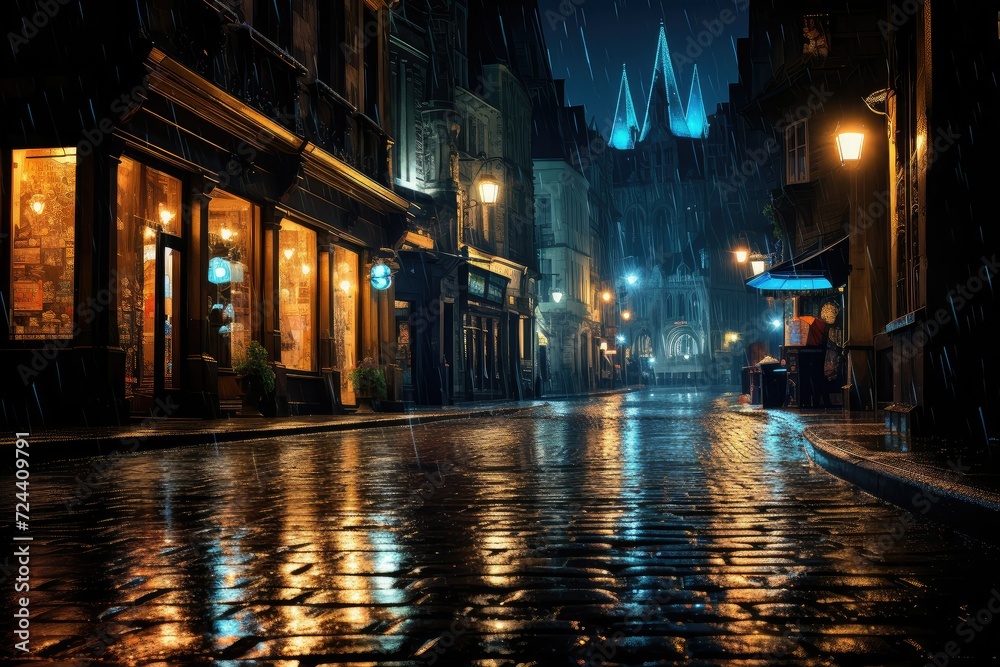 Night view of a classic street during rain. Long exposure. beautiful landscape view of city street at night during rain. a rainy night and wet street view.