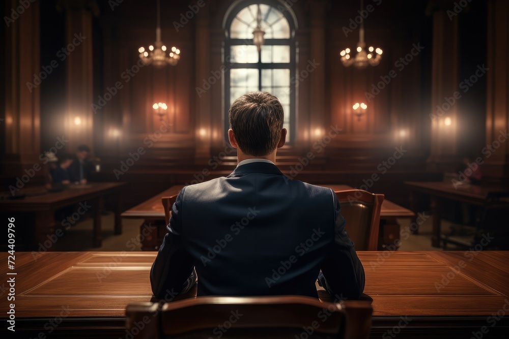 Young male lawyer sitting in a courtroom and looking at the window, rear view. Law, legal services, advice, Justice and real estate concept. - obrazy, fototapety, plakaty 