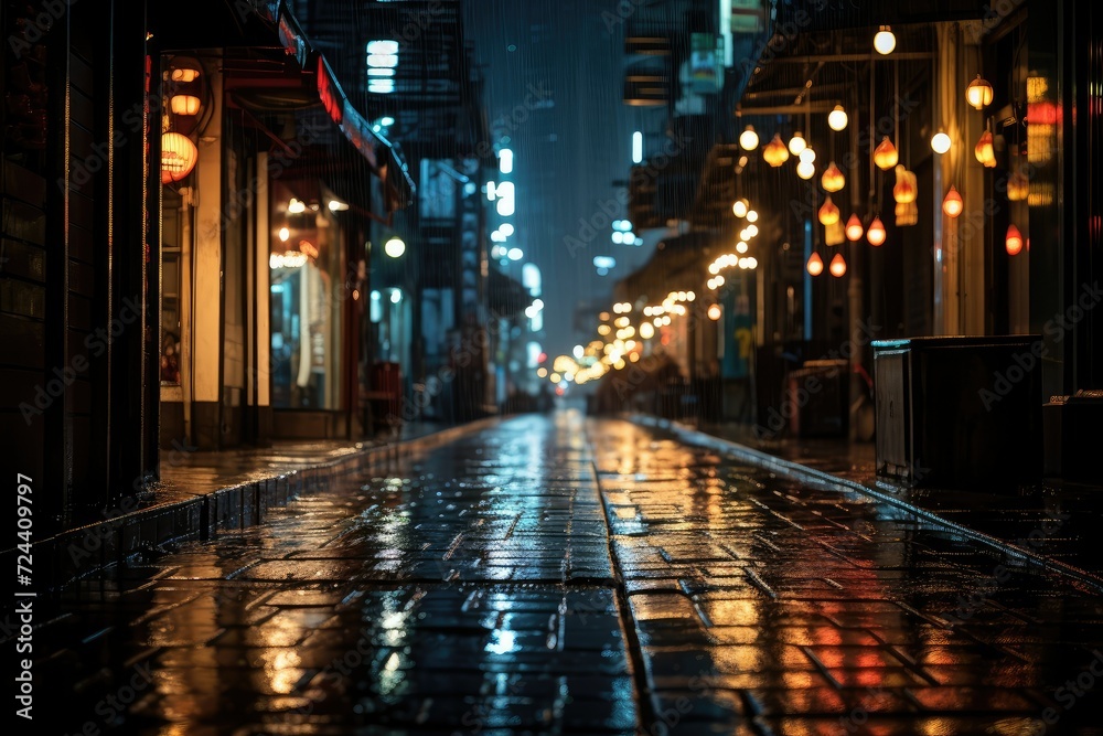 Cobbled street at night in city during rain. Shallow depth of field. City street after heavy rain, night view. view of the city after rain.