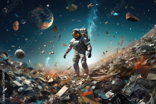 Astronaut in trash at space. The pile of human trash at space. Astronaut is standing in the middle of a trash pile at space. the environmental hazard at space.