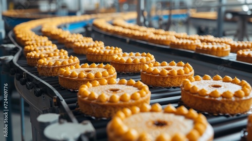 Cakes on automation circular conveyor machine in bakery food factory, production line