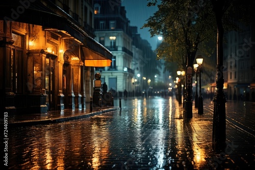 Wet street at night in city. Long exposure shot. a sophisticated urban street view at night during rain. night lonely street during heavy rain in city. © Jahan Mirovi