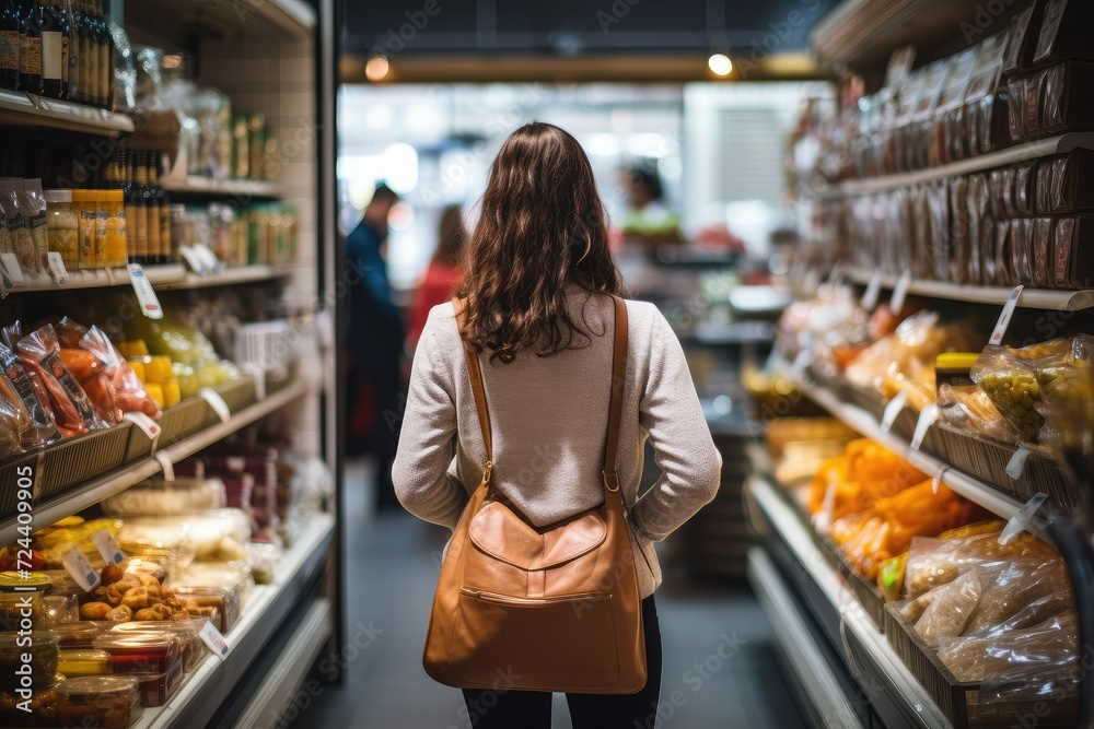 Rear view of a young woman standing in front of the shelves in a supermarket. shopping at superstore. grocery shopping concept.