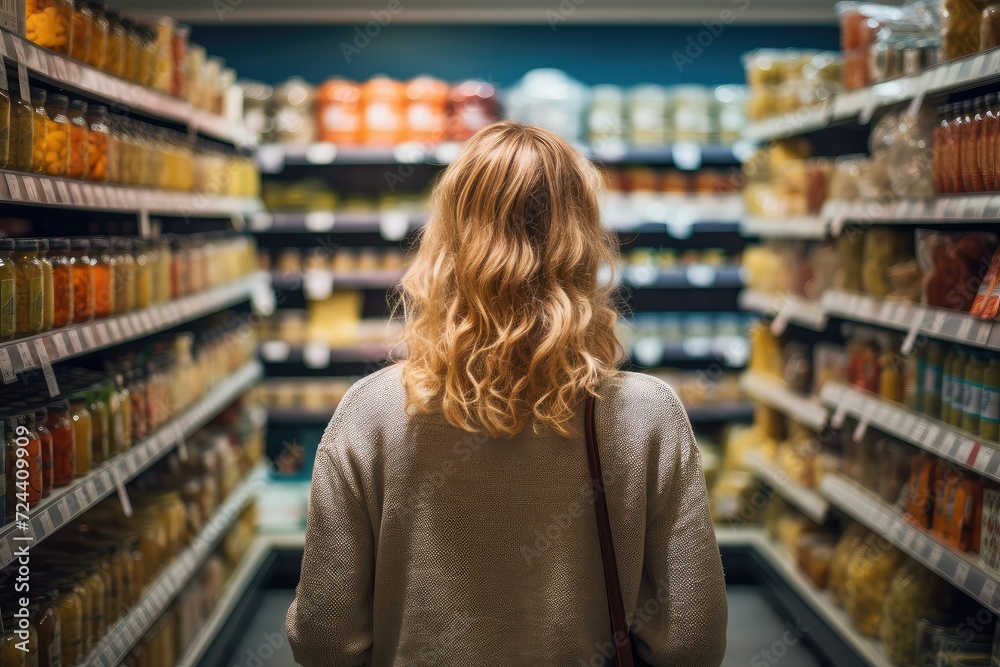 Rear view of young woman standing in supermarket and looking at products. easy shopping at superstore. grocery shopping concept.