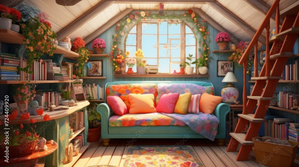 Interior of a cozy room in kitsch style - obrazy, fototapety, plakaty 