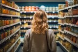 Rear view of young woman standing in supermarket and looking at products. easy shopping at superstore. grocery shopping concept.