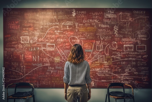 Rear view of a female teacher looking at chalkboard against blackboard. seeing the charts on chalkboard. education concept.