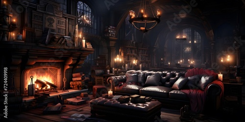 Interior of a dark room with a fireplace and a sofa.