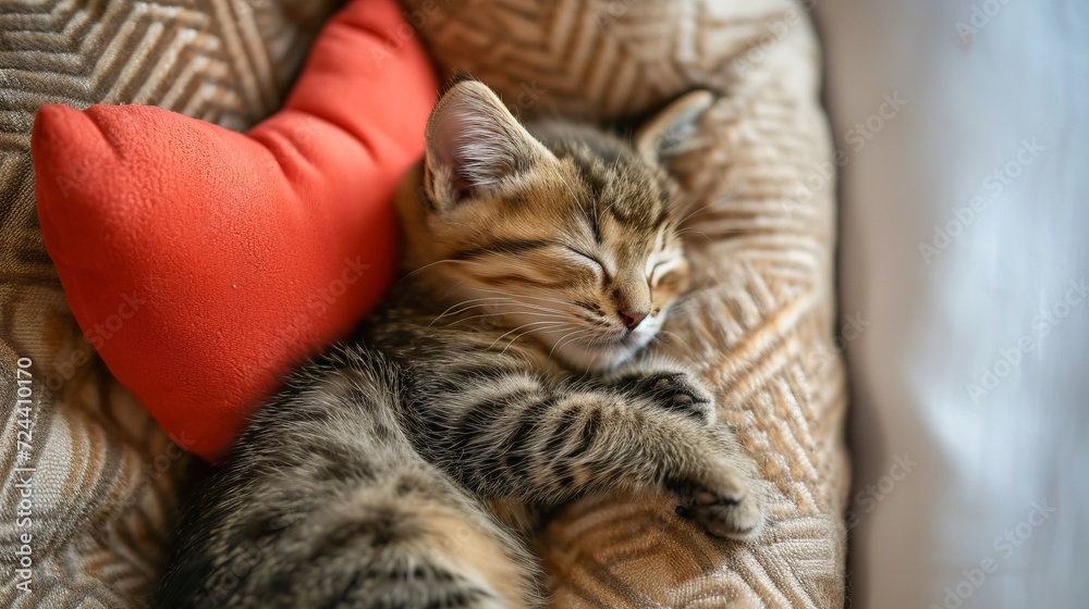 Kitten sleeping on the red heart-shaped pillow, top view, close-up Kitten sleeping on the red heart-shaped pillow, top view, close-up