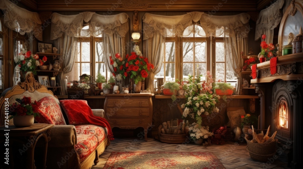 Interior of a cozy room in Russian style
