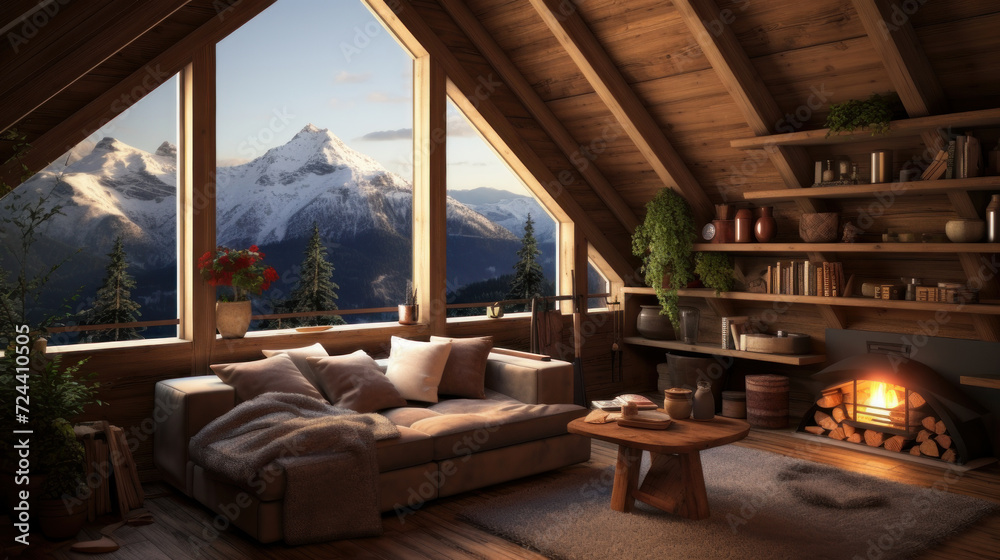 Interior of a cozy room in the style of a Swiss chalet Interior of a cozy room in the style of a Swiss chalet