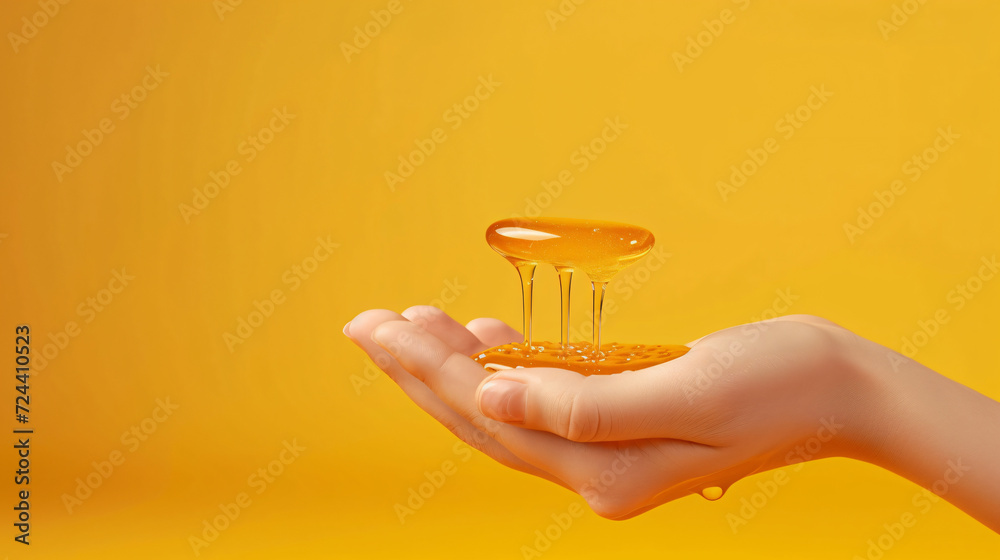 Female hand with honey - obrazy, fototapety, plakaty 