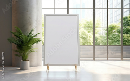 Welcome wedding sign blank white Mockup, template stands on easel, against the backdrop of a bright large window and potted plants photo