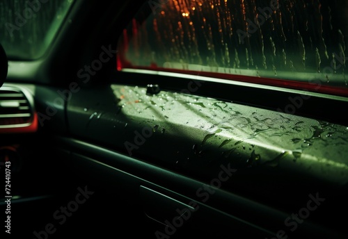 Water-Droplets on Dashboard of Rainy Car photo