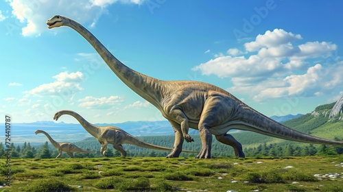 A towering Diplodocus with its elegant elongated neck and tail walking alongside its offspring in a peaceful migration towards greener pastures. © Justlight